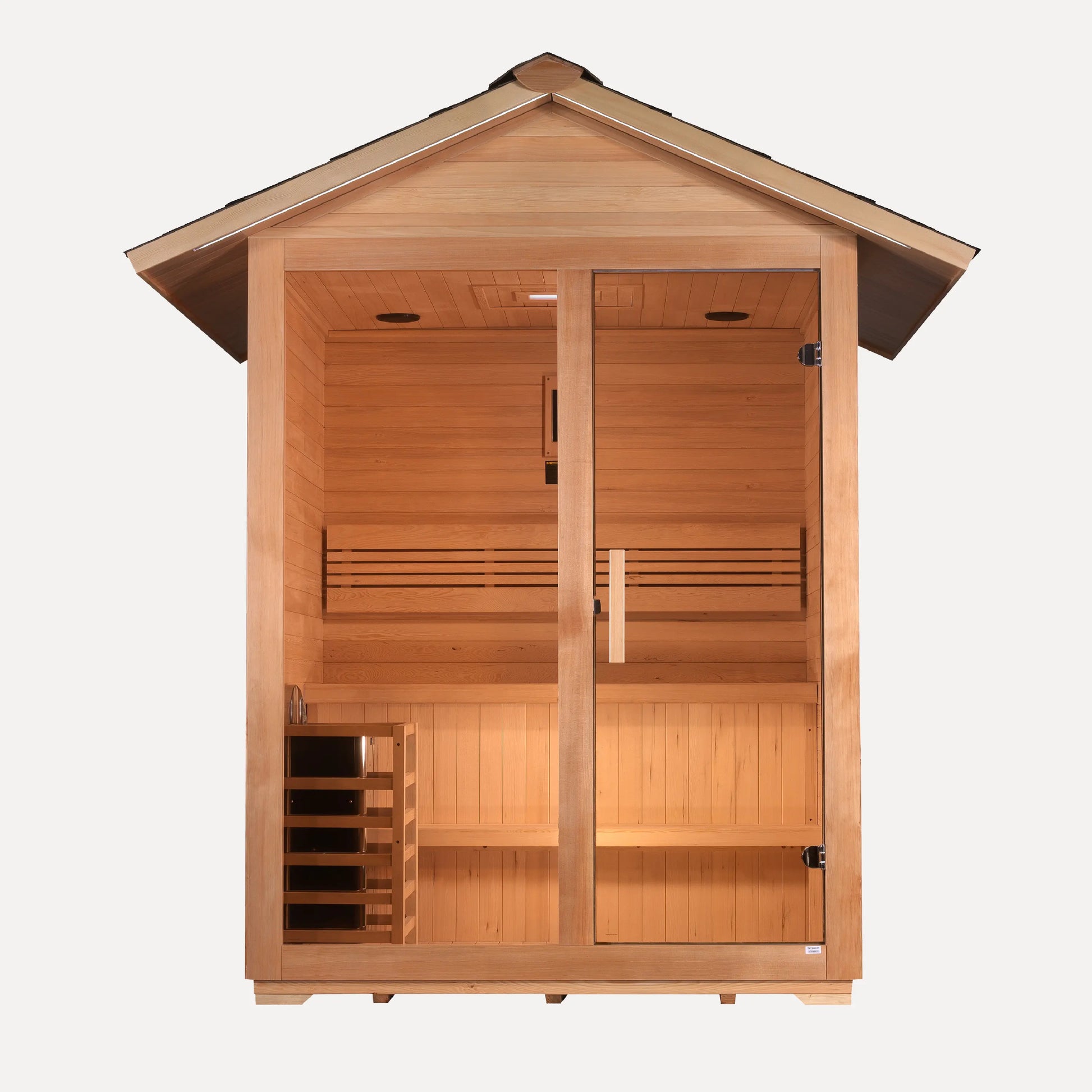 Golden Designs Arlberg 3 person outdoor traditional sauna, front three quarter angle on white background