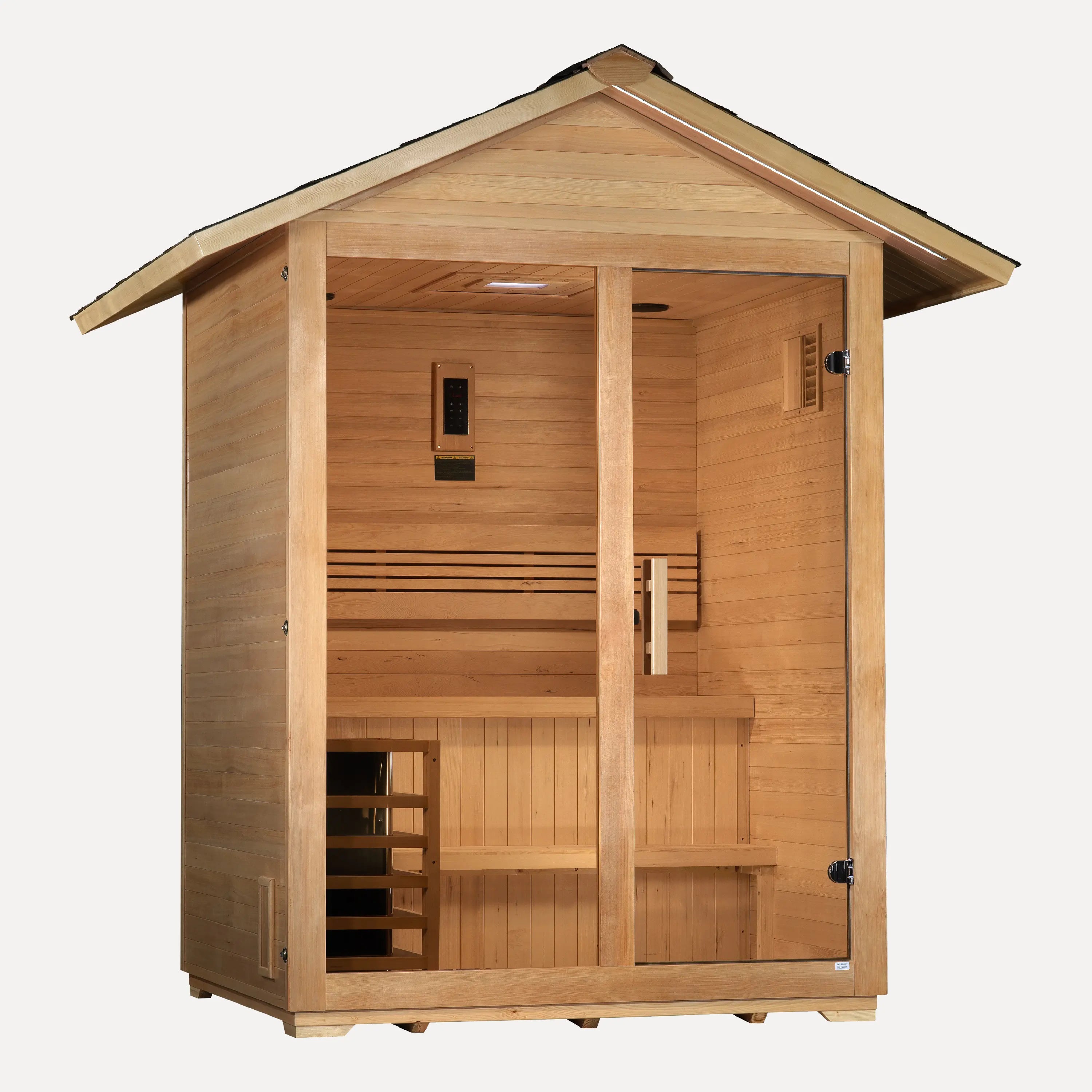 Golden Designs Arlberg 3 person outdoor traditional sauna, side profile view on white background