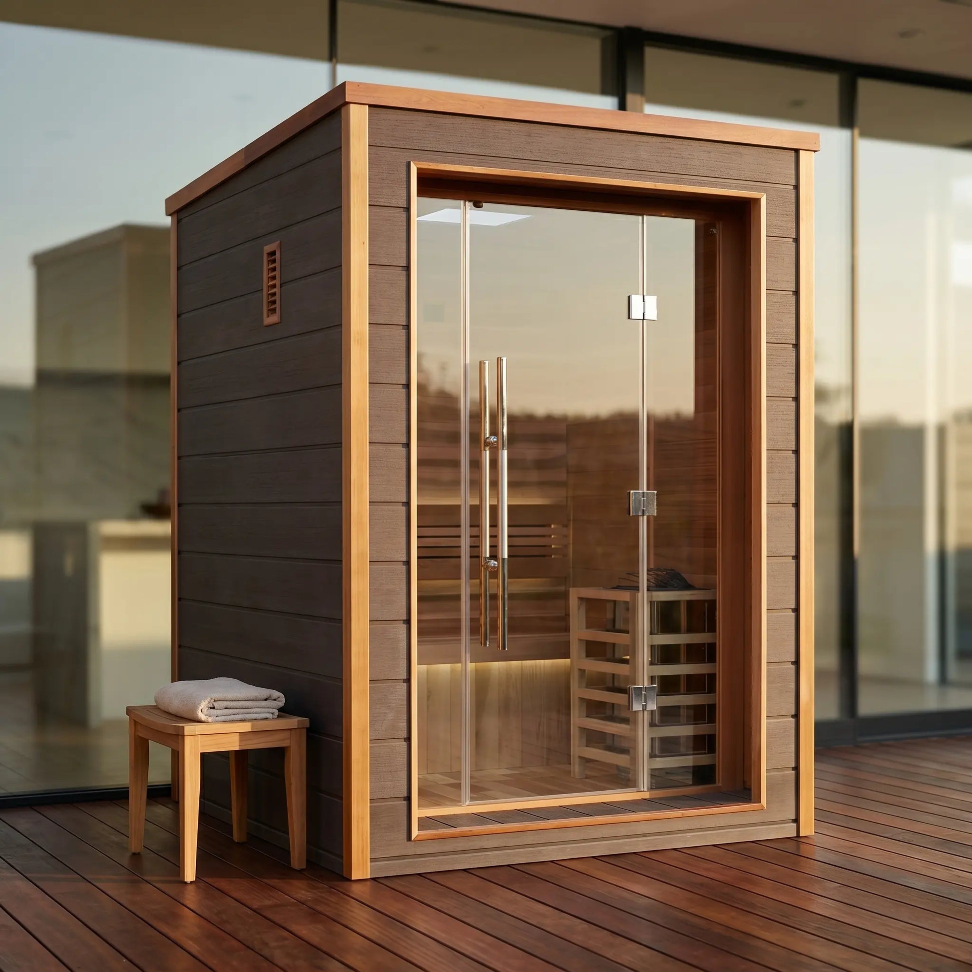 Golden Designs Narvik 2-Person Outdoor Traditional Sauna shown installed in a backyard setting
