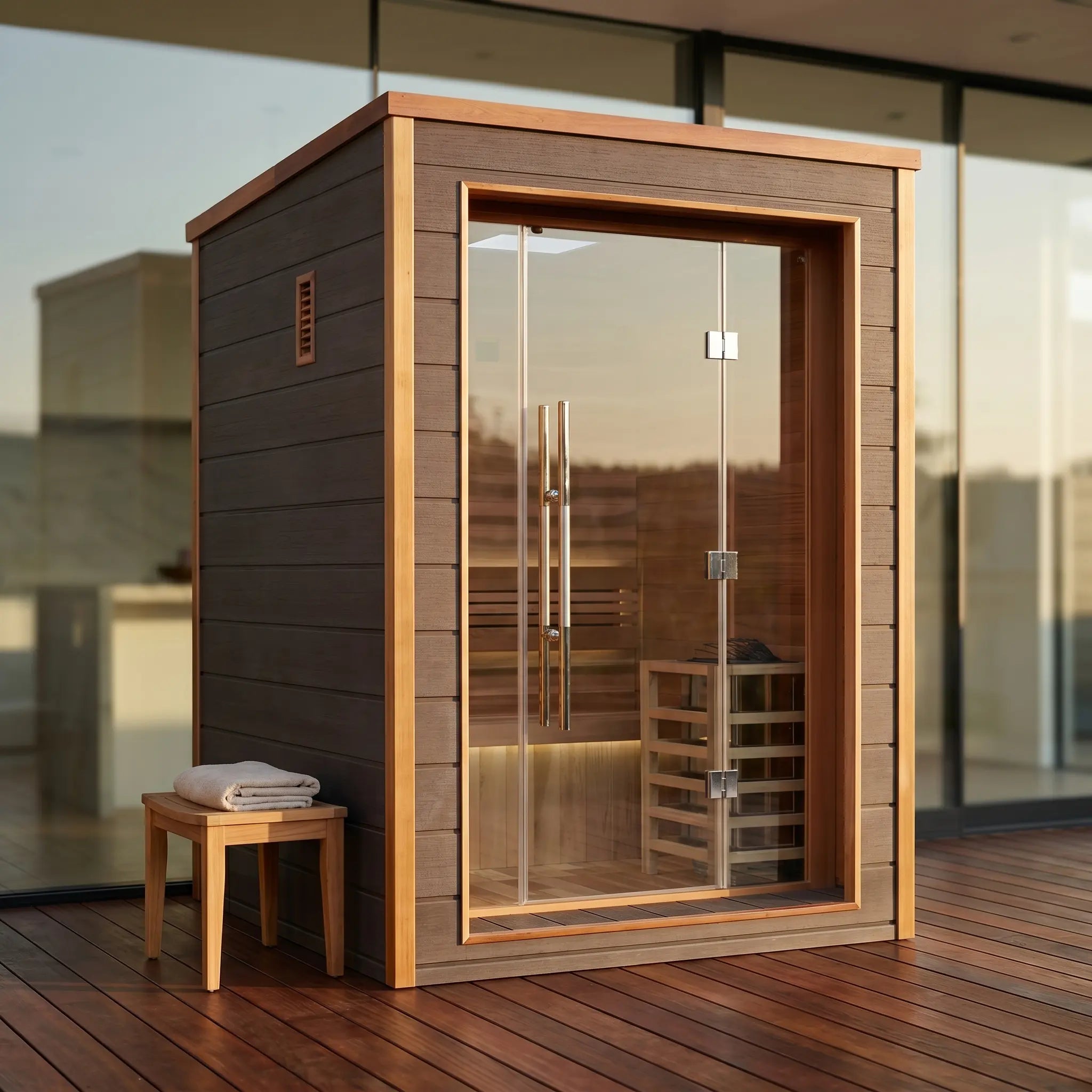 Golden Designs Narvik 2-Person Outdoor Traditional Sauna shown installed in a backyard setting