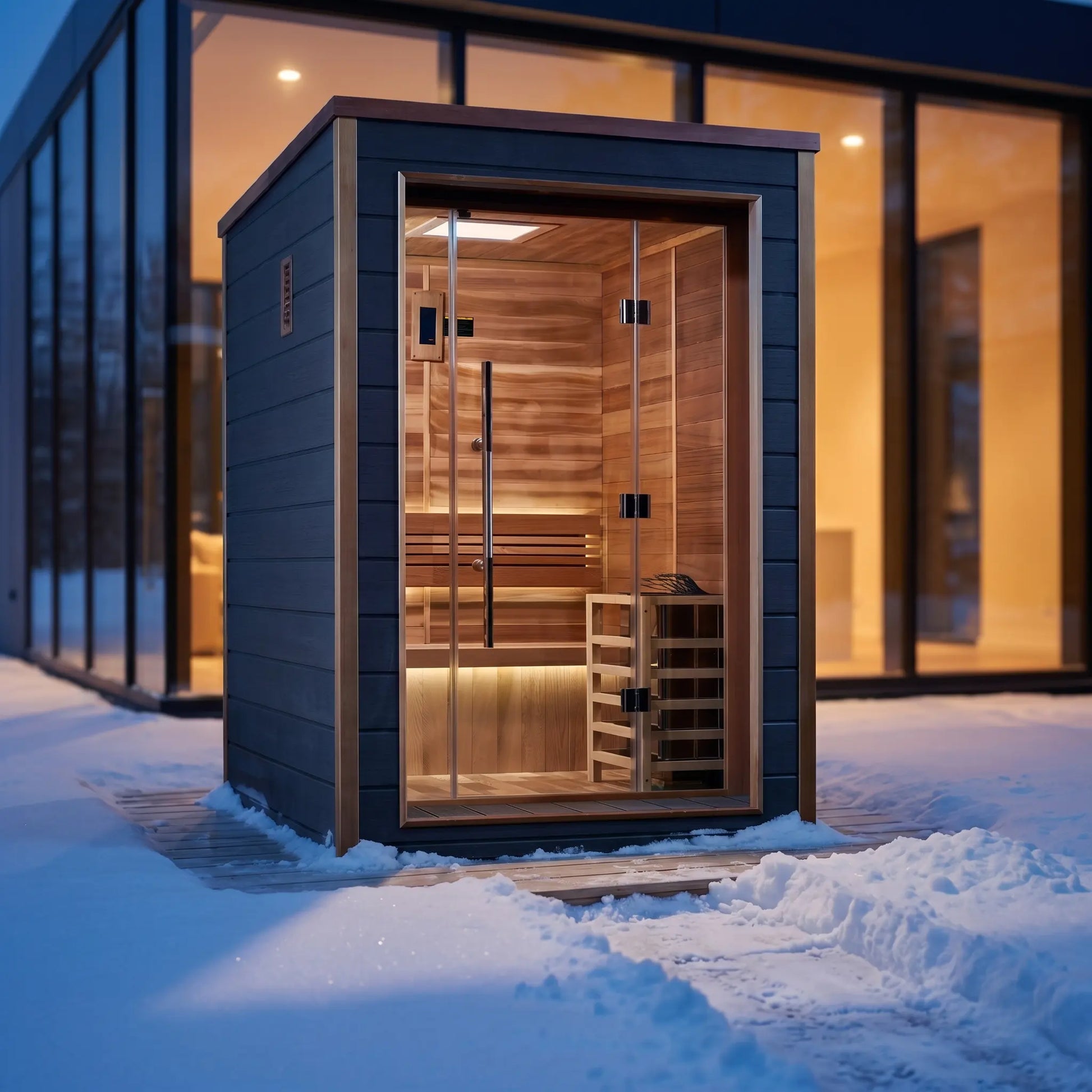 Golden Designs Narvik 2-Person Outdoor Traditional Sauna styled on an outdoor patio at home
