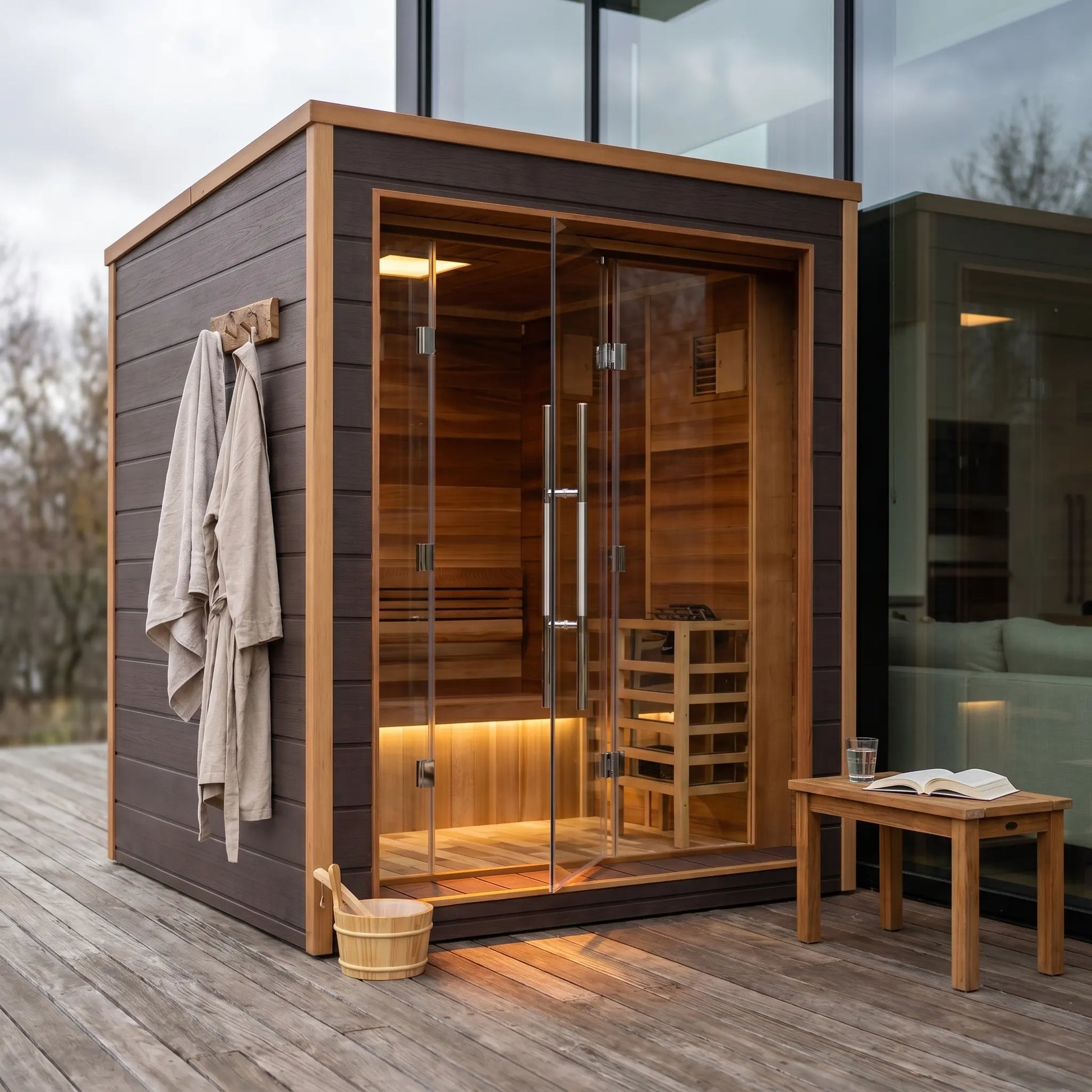 Golden Designs Drammen 3 person outdoor traditional sauna in a backyard setting