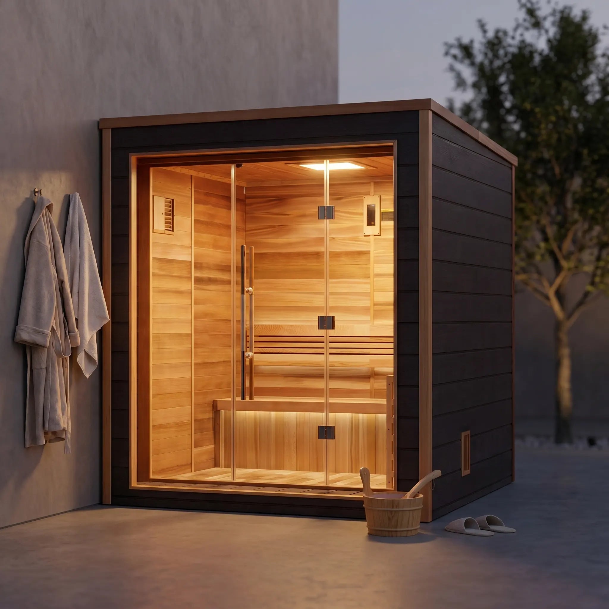 Golden Designs Drammen 3 person outdoor traditional sauna installed on a backyard patio