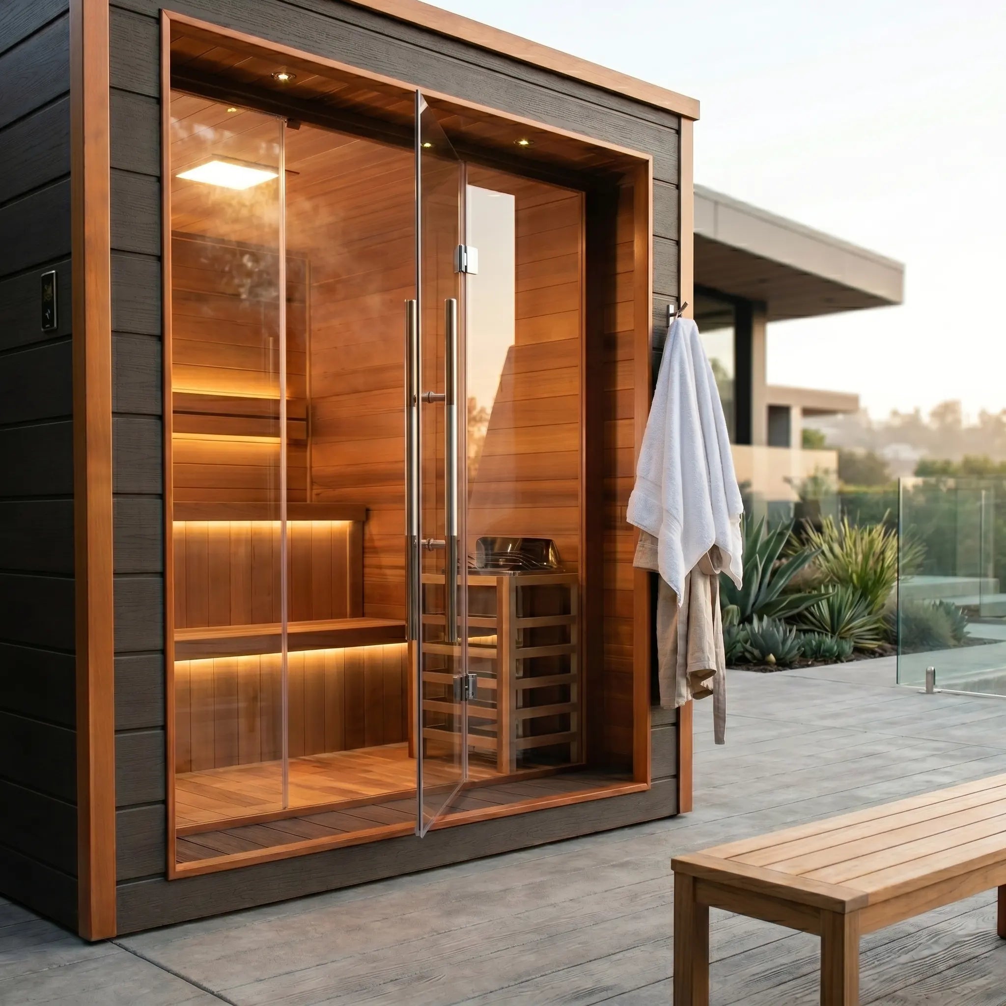 Golden Designs Bergen 6 person outdoor traditional sauna in a backyard setting