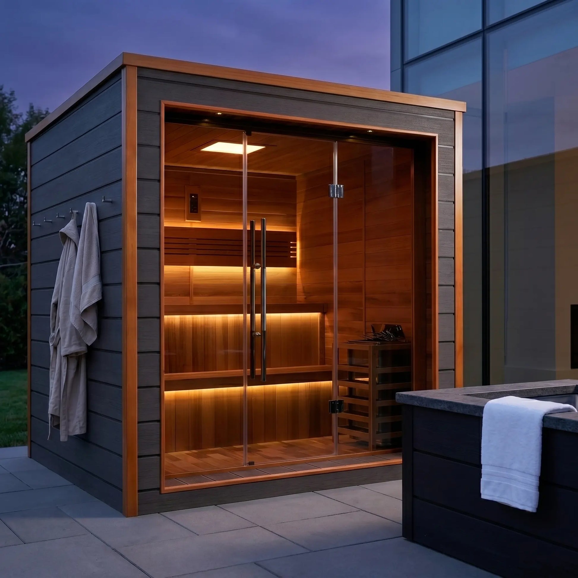 Golden Designs Bergen 6 person outdoor traditional sauna installed on a backyard patio