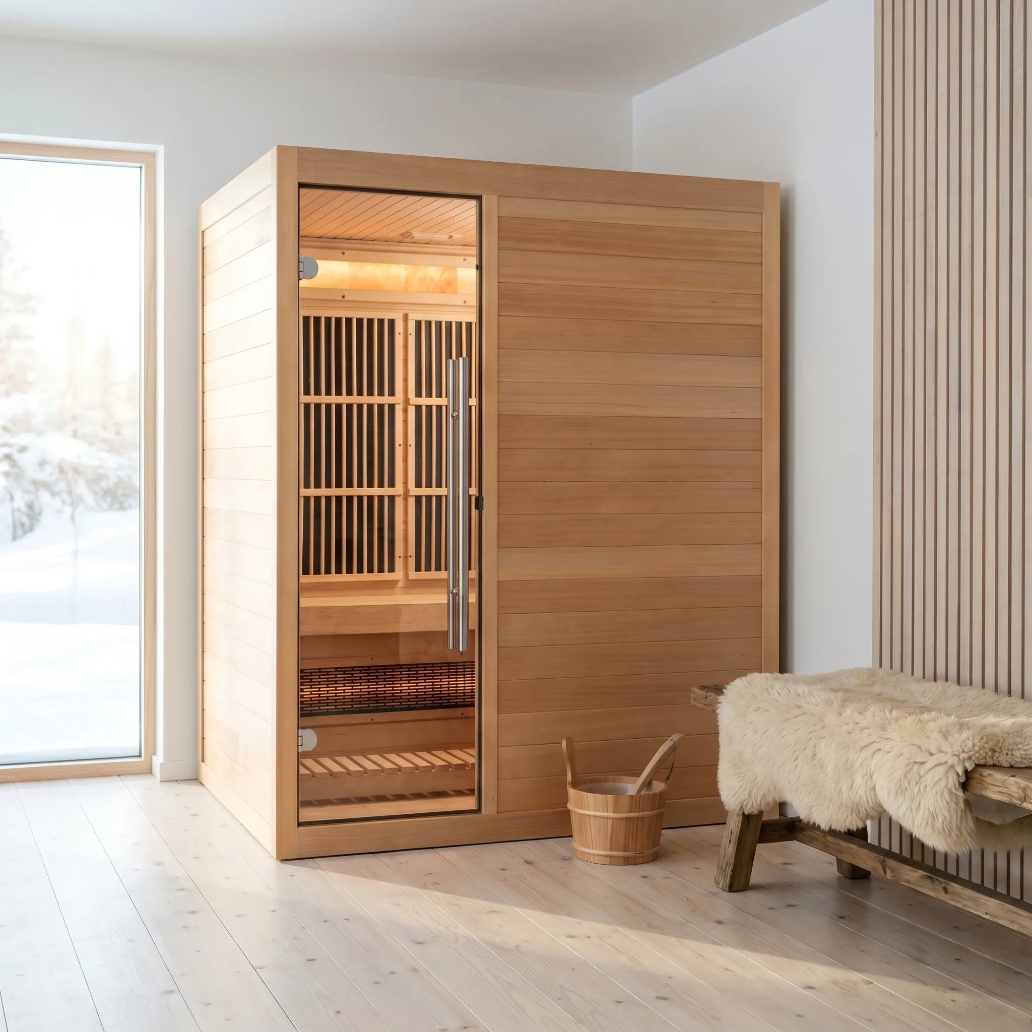 Soria hybrid sauna exterior in natural Canadian Hemlock