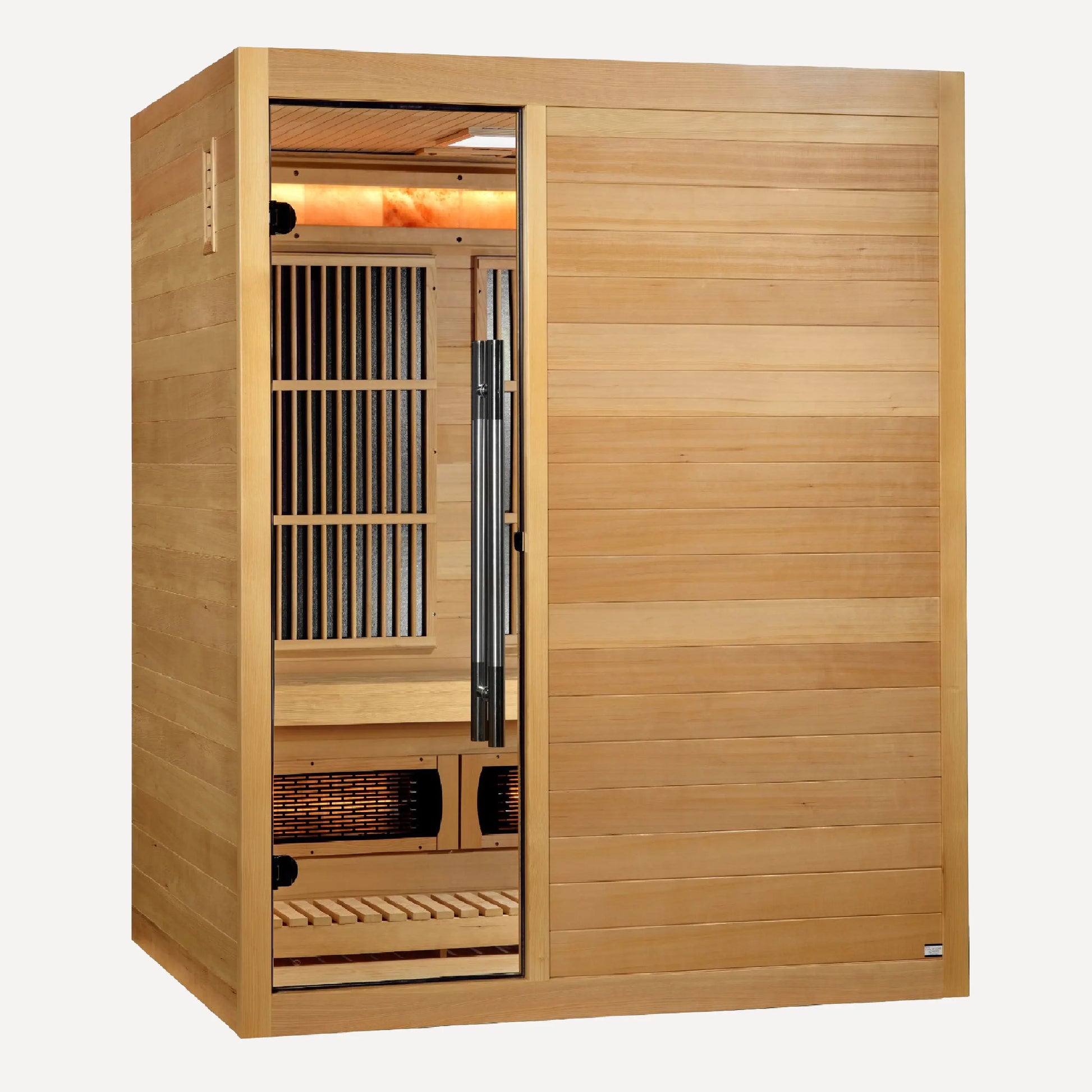 Golden Designs Soria 3 person hybrid infrared sauna with Harvia stove front view