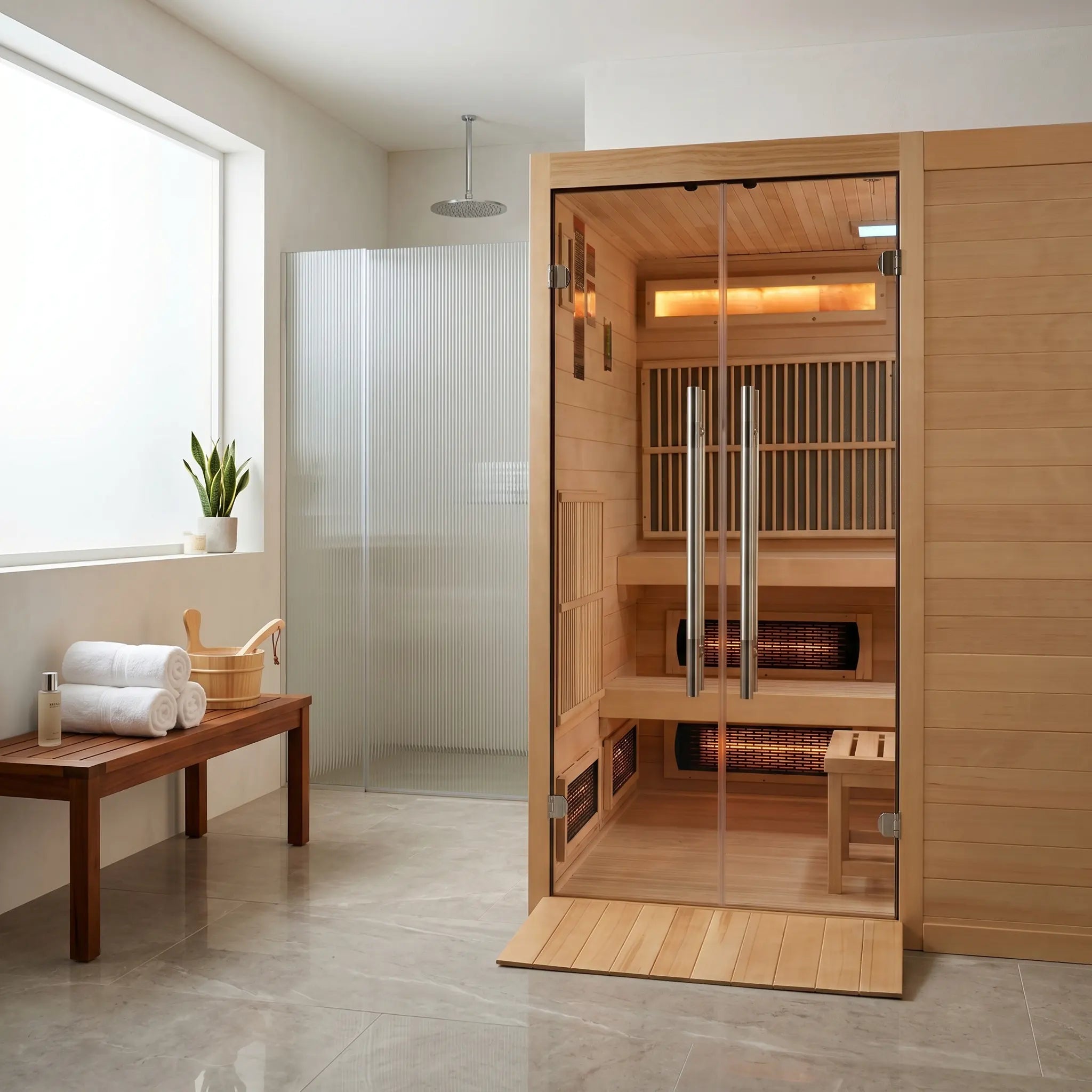Toledo hybrid sauna exterior in natural Canadian Hemlock