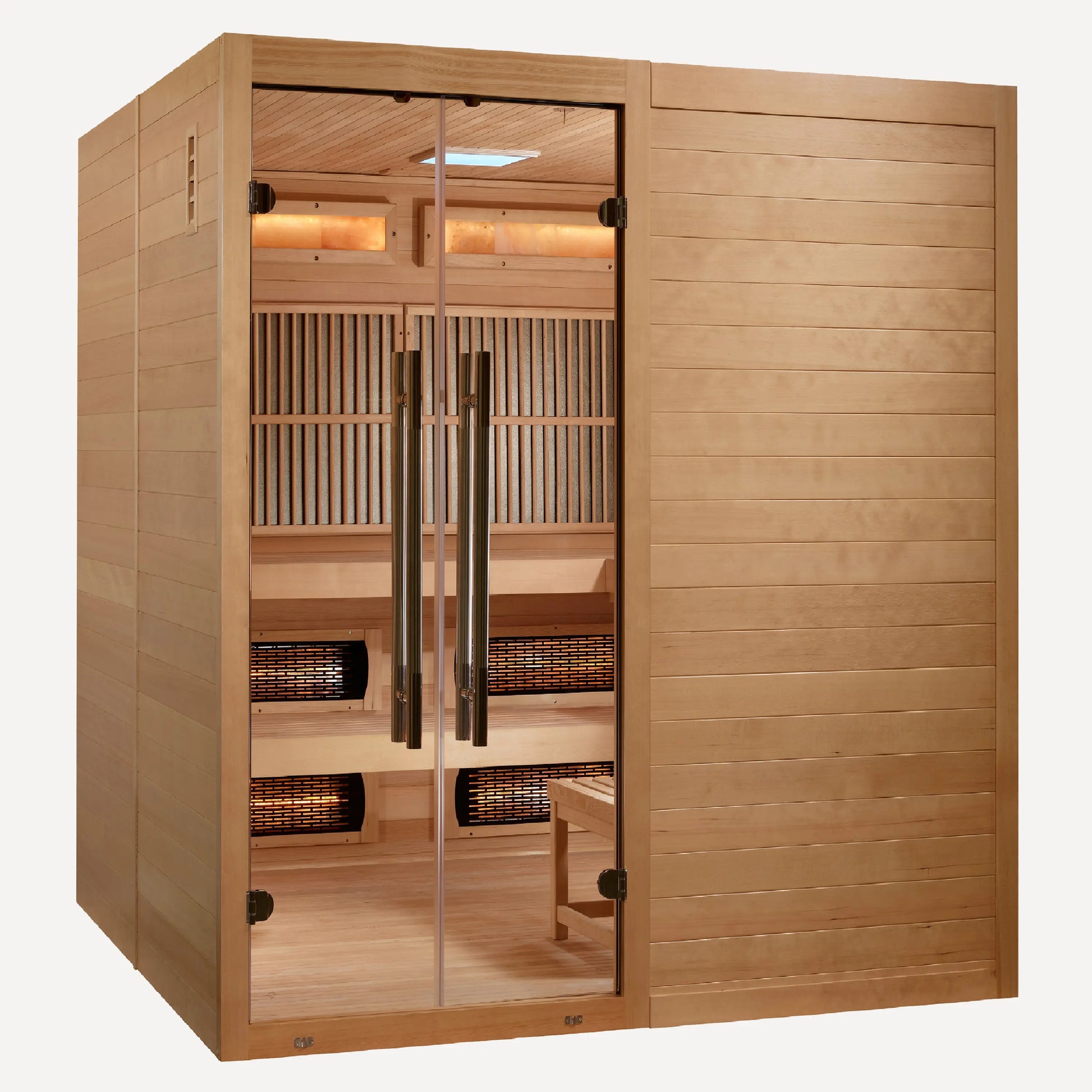 Golden Designs Toledo 6 person hybrid infrared sauna with Harvia stove front view