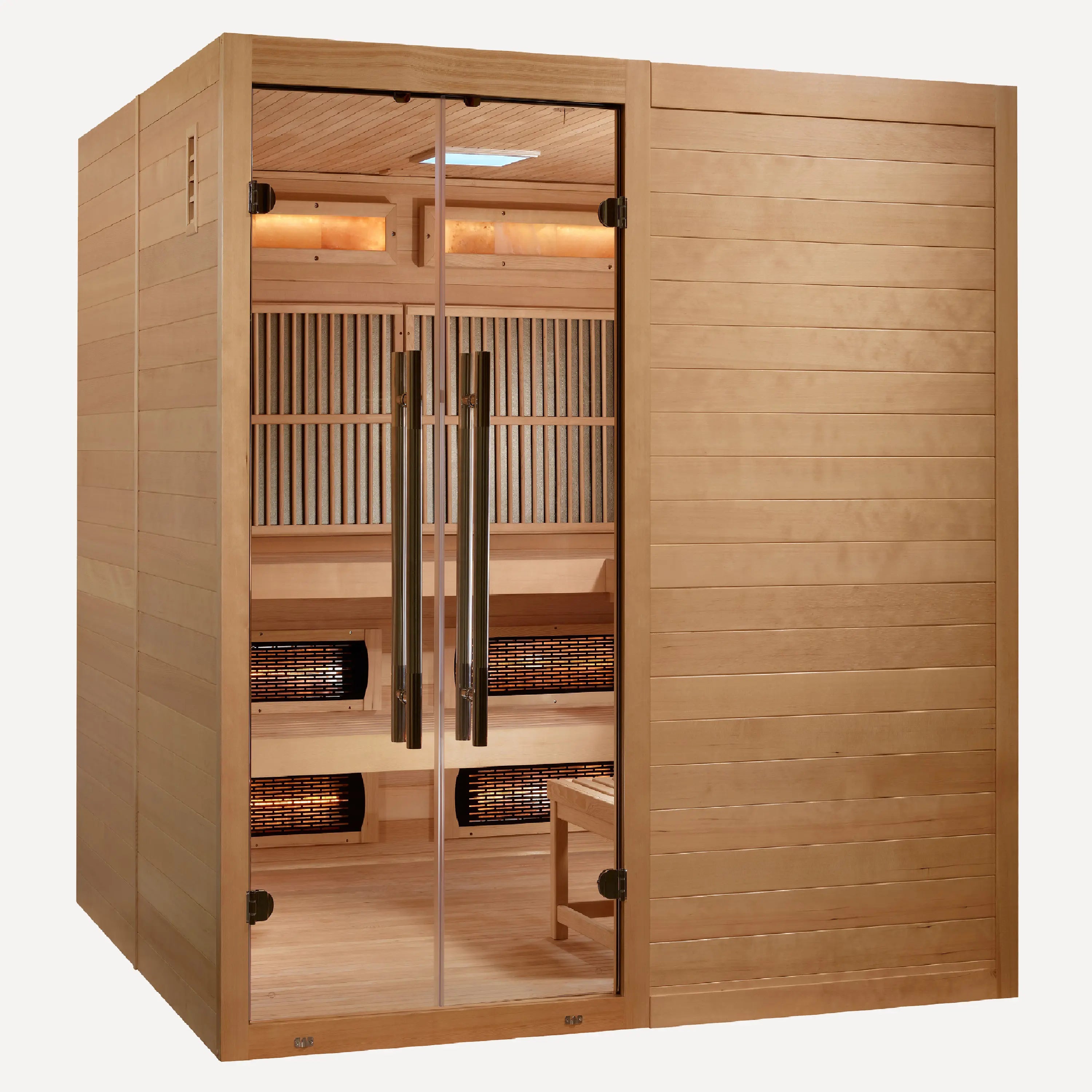 Golden Designs Toledo 6 person hybrid infrared sauna with Harvia stove front view