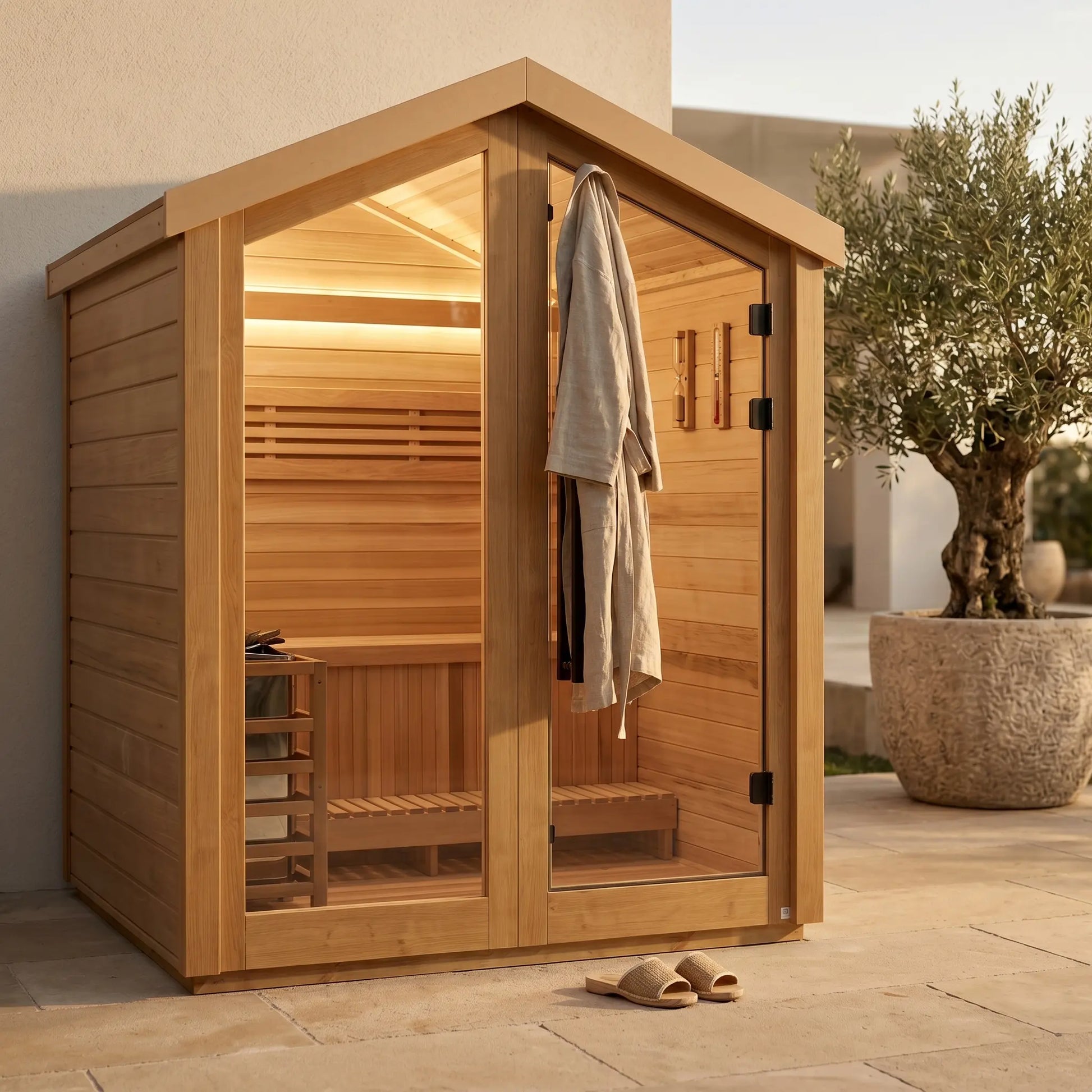 Golden Designs Savonlinna 3 person red cedar outdoor traditional sauna in a backyard setting