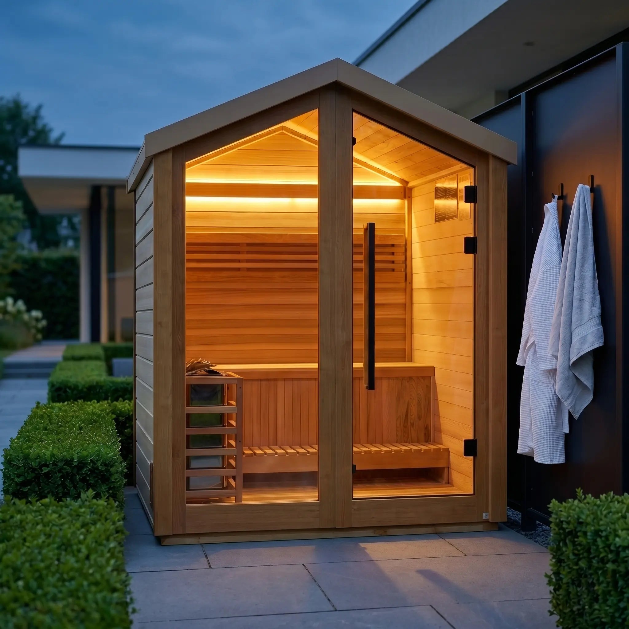 Golden Designs Savonlinna 3 person red cedar outdoor traditional sauna installed on a backyard patio