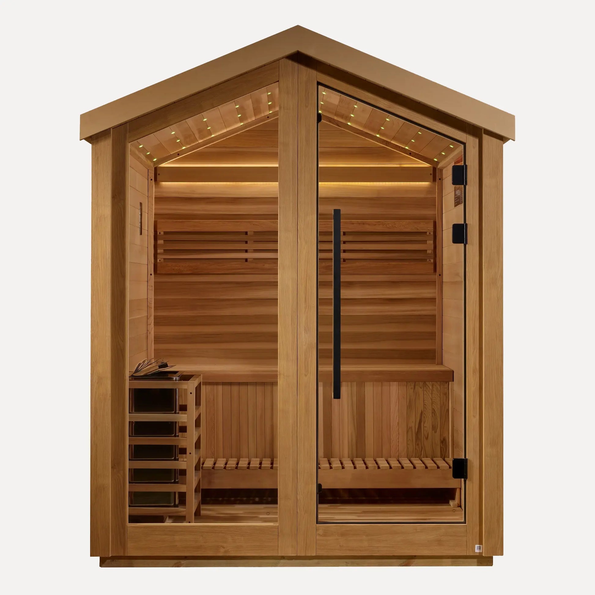 Golden Designs Savonlinna 3-Person Outdoor Traditional Sauna (Pacific Cedar), front view on white background
