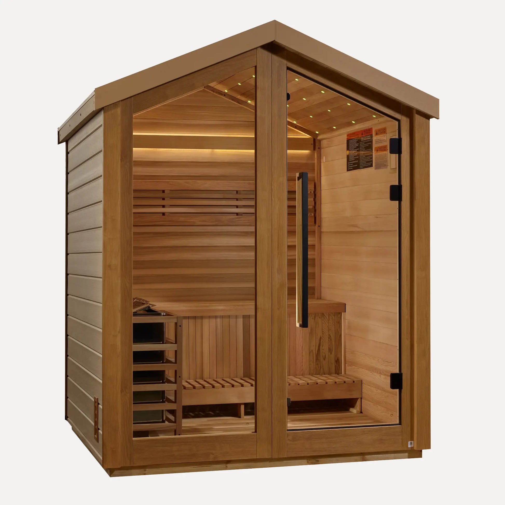 Golden Designs Savonlinna 3-Person Outdoor Traditional Sauna (Pacific Cedar), front three-quarter angle on white background