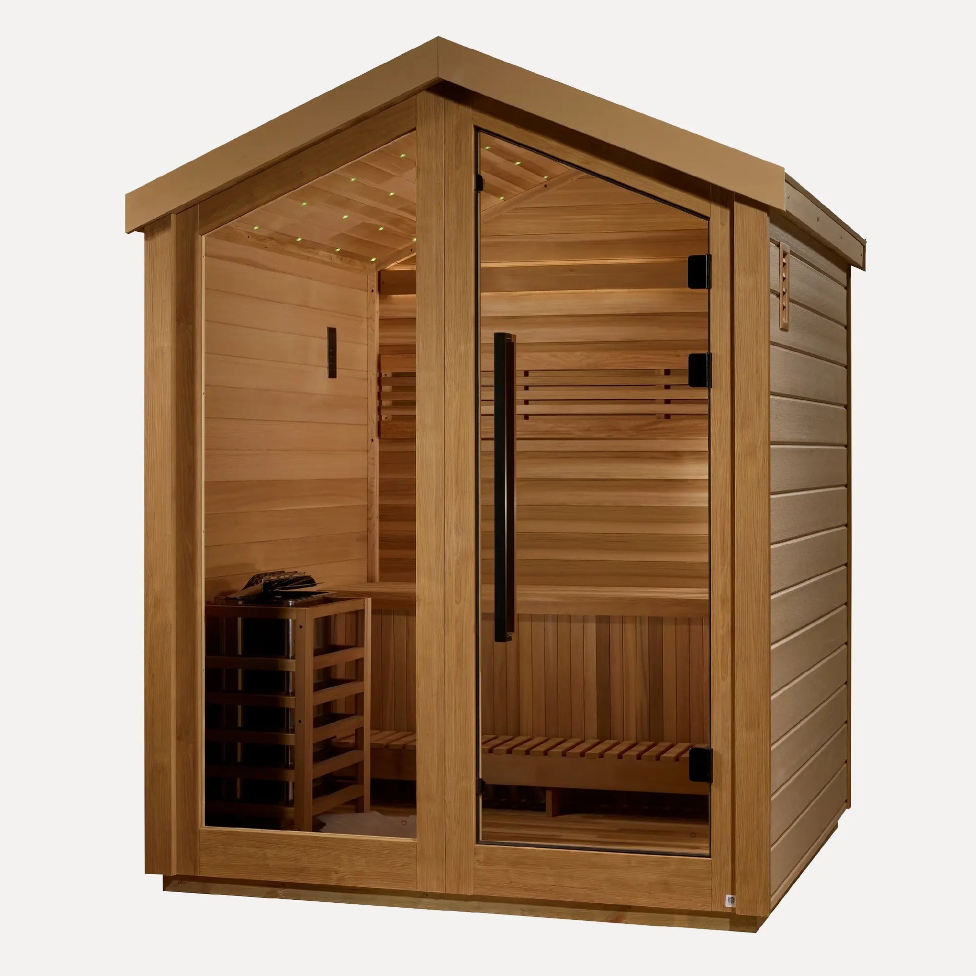 Golden Designs Savonlinna 3-Person Outdoor Traditional Sauna (Pacific Cedar), side profile view on white background