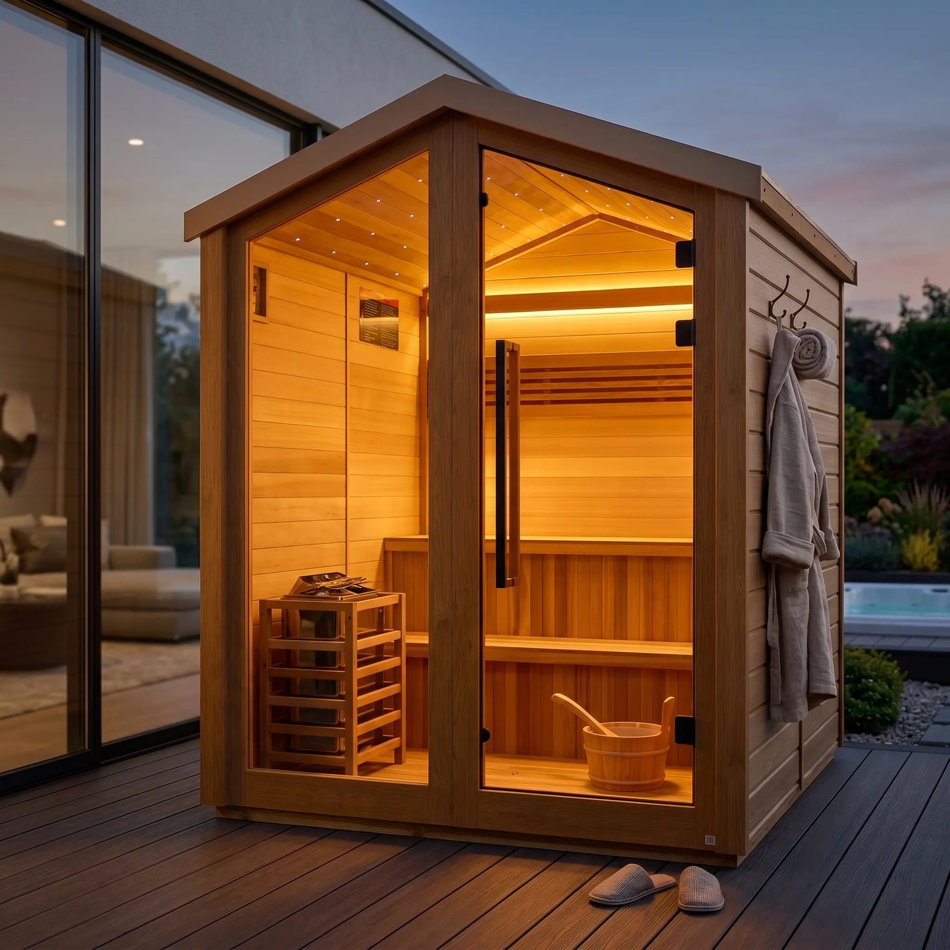 Golden Designs Kaarina 6 person red cedar outdoor traditional sauna in a backyard setting