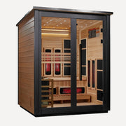 Golden Designs Loviisa 3-Person Hybrid Outdoor Sauna (2 Tone), left angled view on a white background with glass door and lit infrared heaters inside