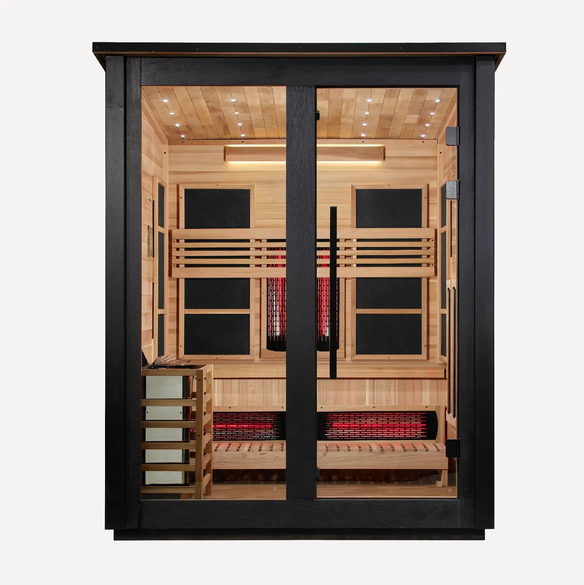 Golden Designs Loviisa 3-Person Hybrid Outdoor Sauna (2 Tone), front view on a white background showing both glass doors and symmetrical interior