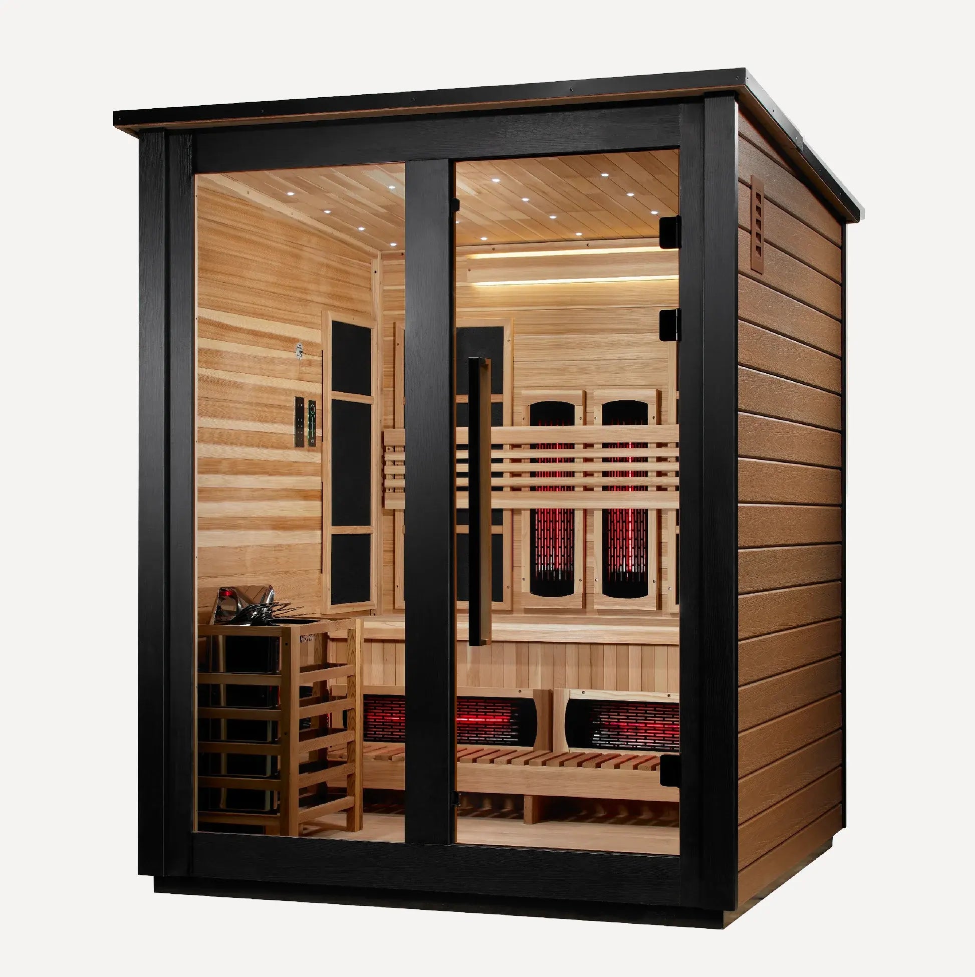 Golden Designs Loviisa 3-Person Hybrid Outdoor Sauna (2 Tone), right angled view on a white background showing the two tone exterior panel and controls