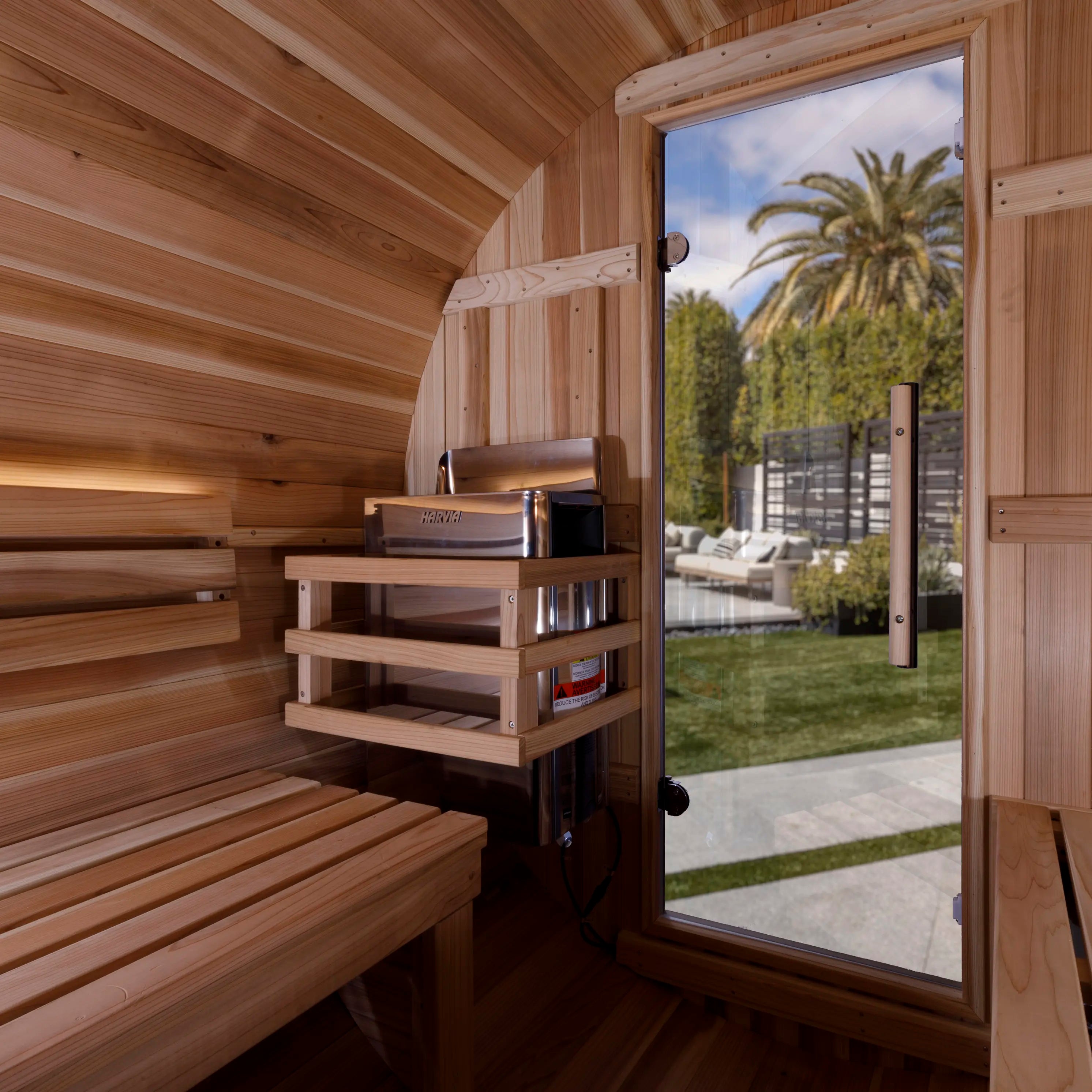 Golden Designs Zurich 4-Person Barrel Sauna with Bronze Privacy View