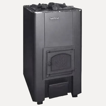 Harvia 50 WK500 Wood-Burning Sauna Stove, front angled view showing the arched fuel door and stone-filled top on a white background.