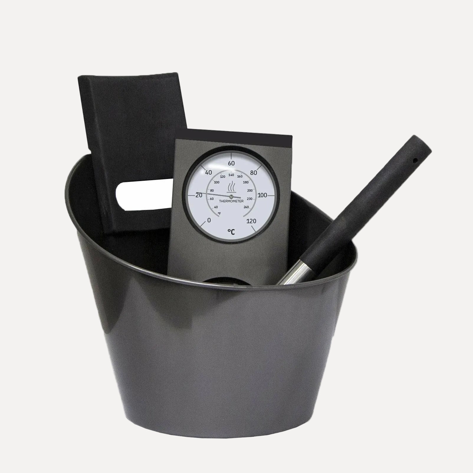 Harvia SA007 Black Sauna Accessories Set, bucket with a folded cloth, dial gauge, and ladle on a white background.