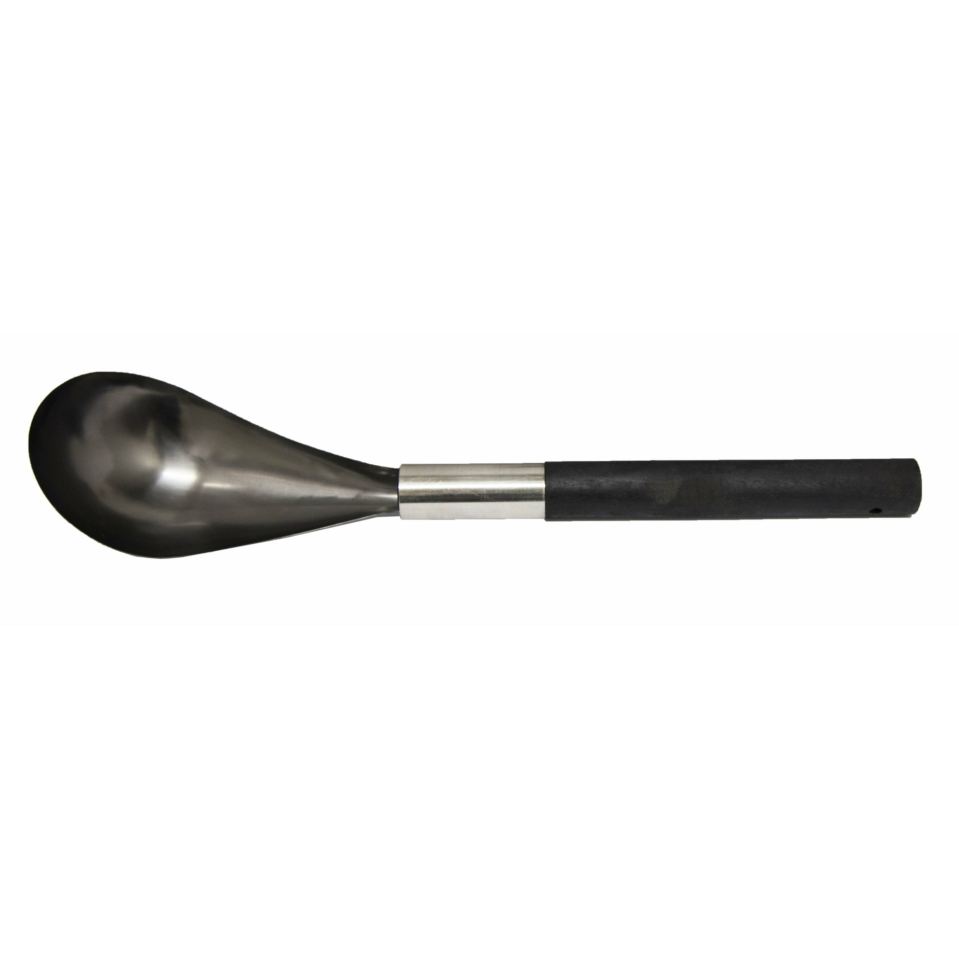 Harvia SA007 Black Sauna Accessories Set, close up of the stainless steel ladle with black handle.