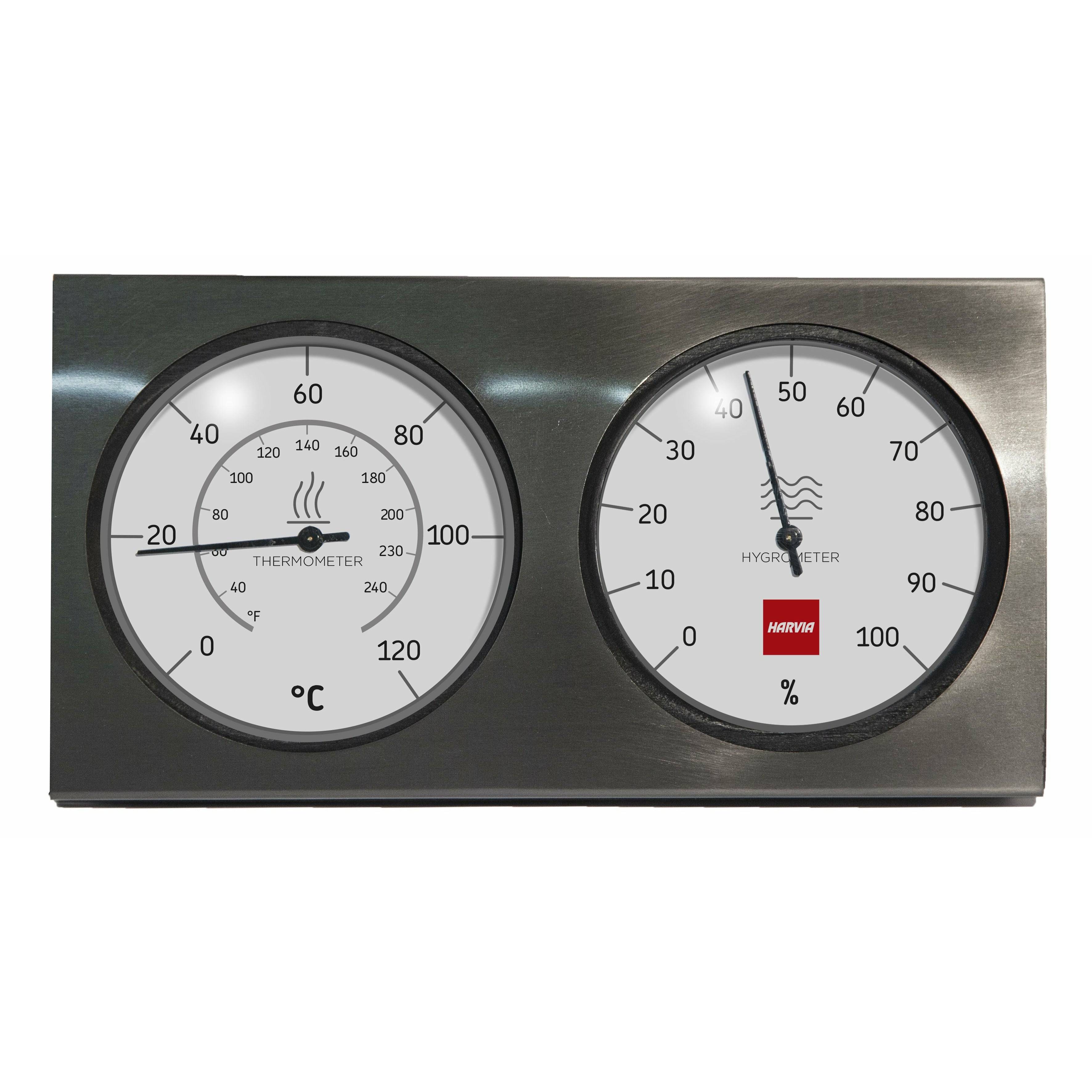 Harvia SA007 Black Sauna Accessories Set, close up of the thermometer and hygrometer dial panel.