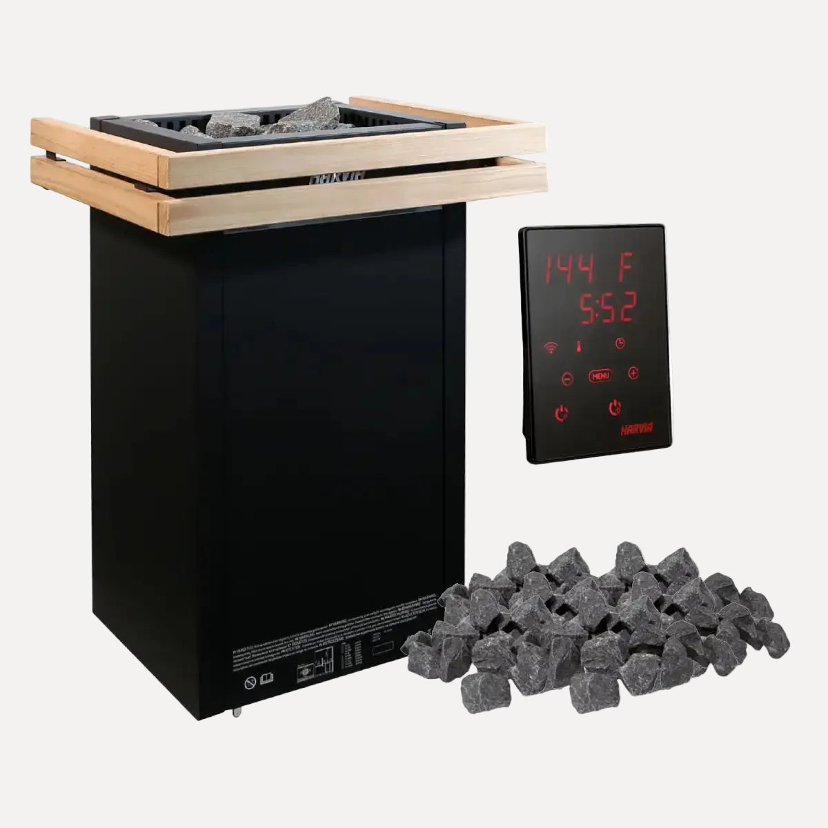 Harvia Virta HL90 9kW Ultimate Electric Sauna Heater Kit, full set with wood guard, digital control panel and stones on white background.