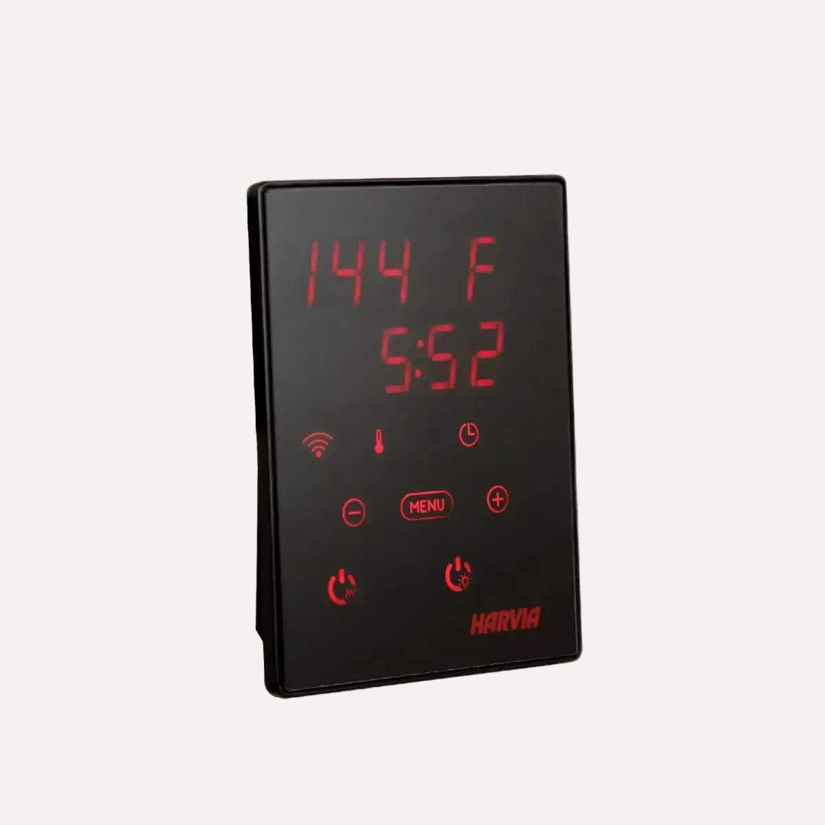 Harvia Virta HL90 9kW Ultimate Electric Sauna Heater Kit, angled close up of the digital control panel showing temperature and timer.