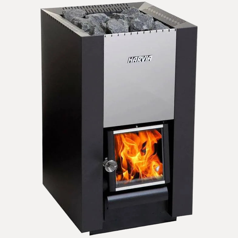Harvia Linear 16 WK160C Wood-Burning Sauna Stove, angled front view with glass door flames and heater stones on top, studio background.