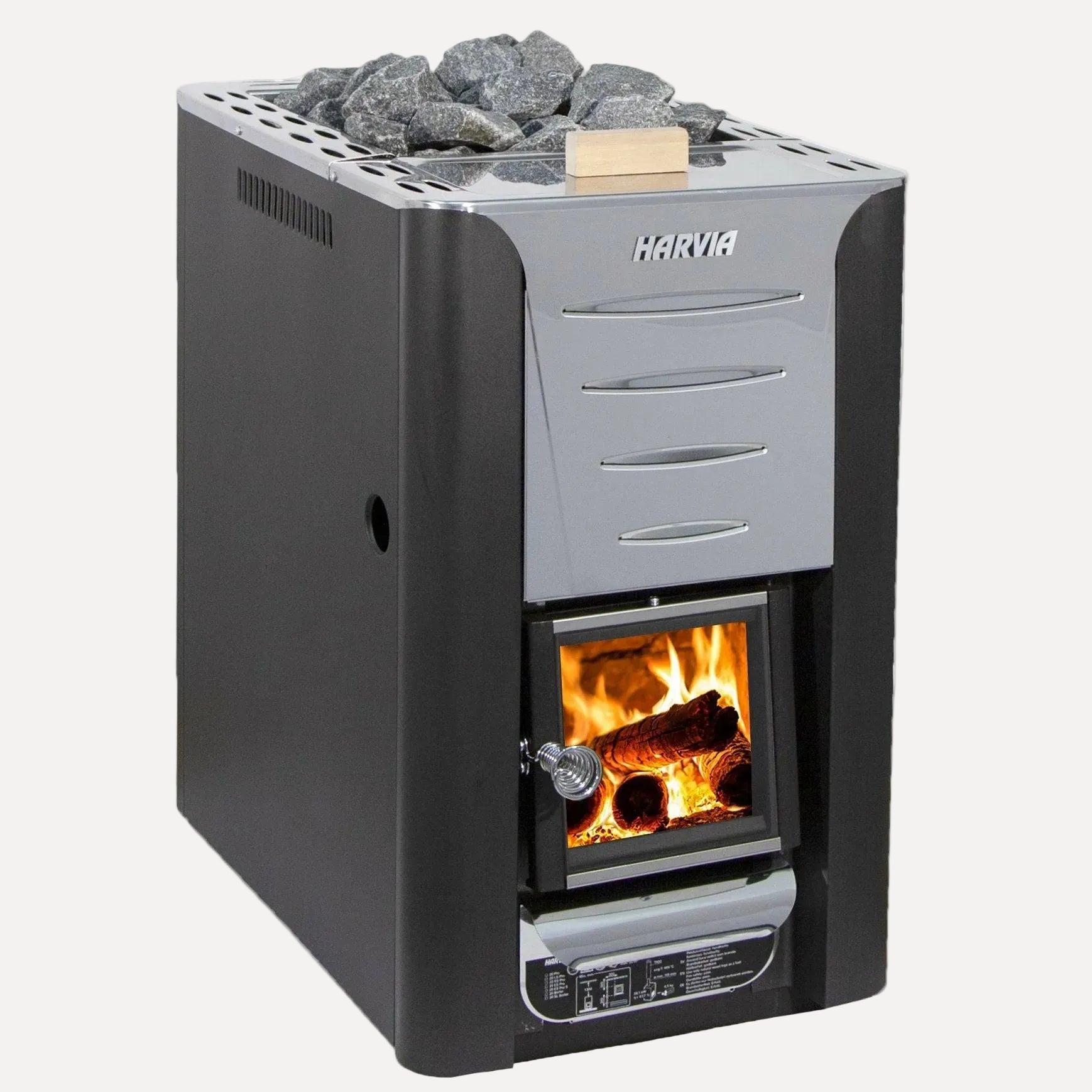Harvia Pro 20 ES Wood-Burning Sauna Stove with Water Tank, angled front view on a white background with sauna stones and a lit glass door.