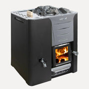 Harvia Pro 20 LS Wood-Burning Sauna Stove with Water Tank, angled front view on white background with stacked rocks and a lit glass door.