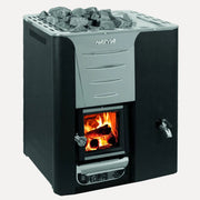 Harvia Pro 20 RS Wood-Burning Sauna Stove with Water Tank, angled view with sauna stones on top and a lit fire visible through the glass door.