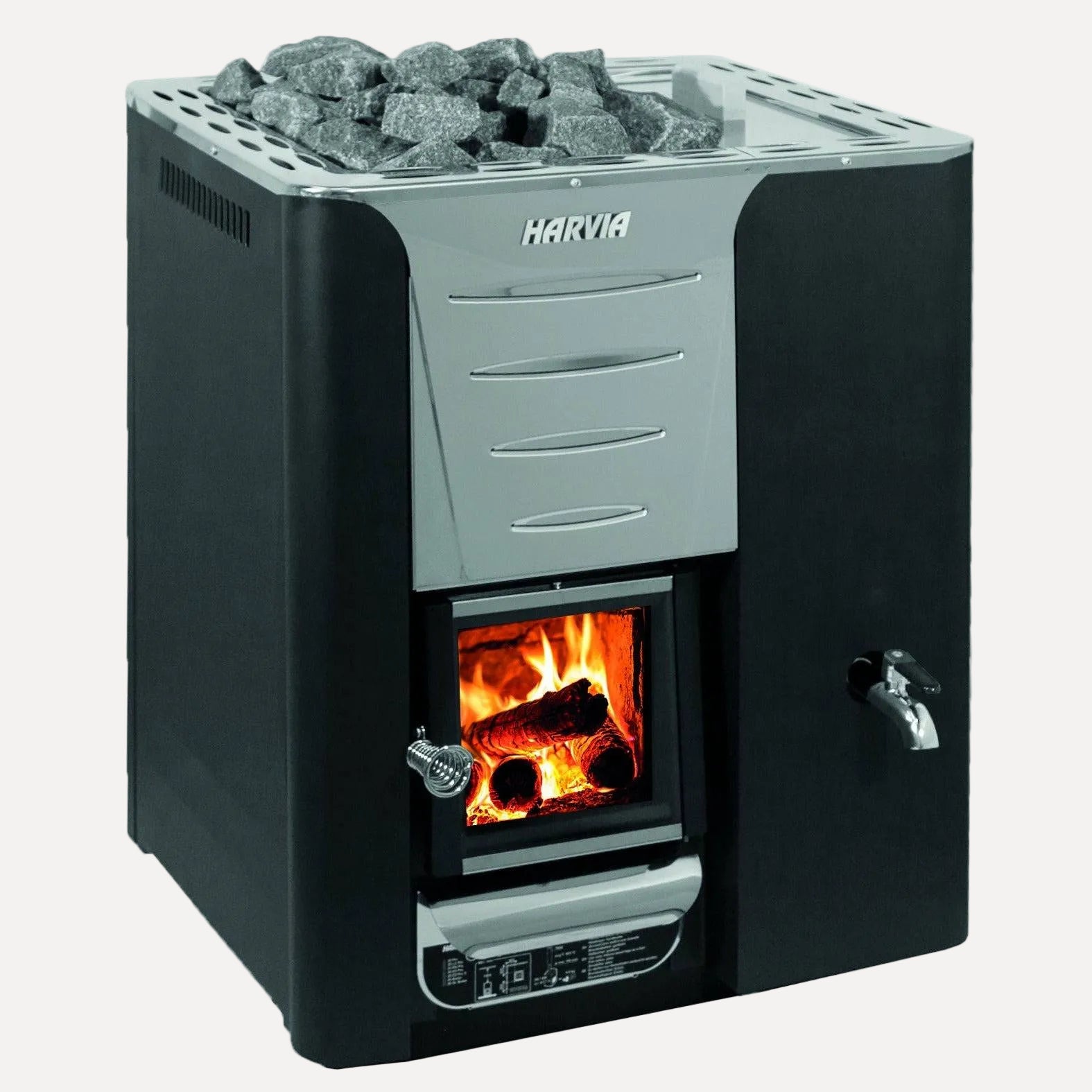 Harvia Pro 20 RS Wood-Burning Sauna Stove with Water Tank, angled view with sauna stones on top and a lit fire visible through the glass door.