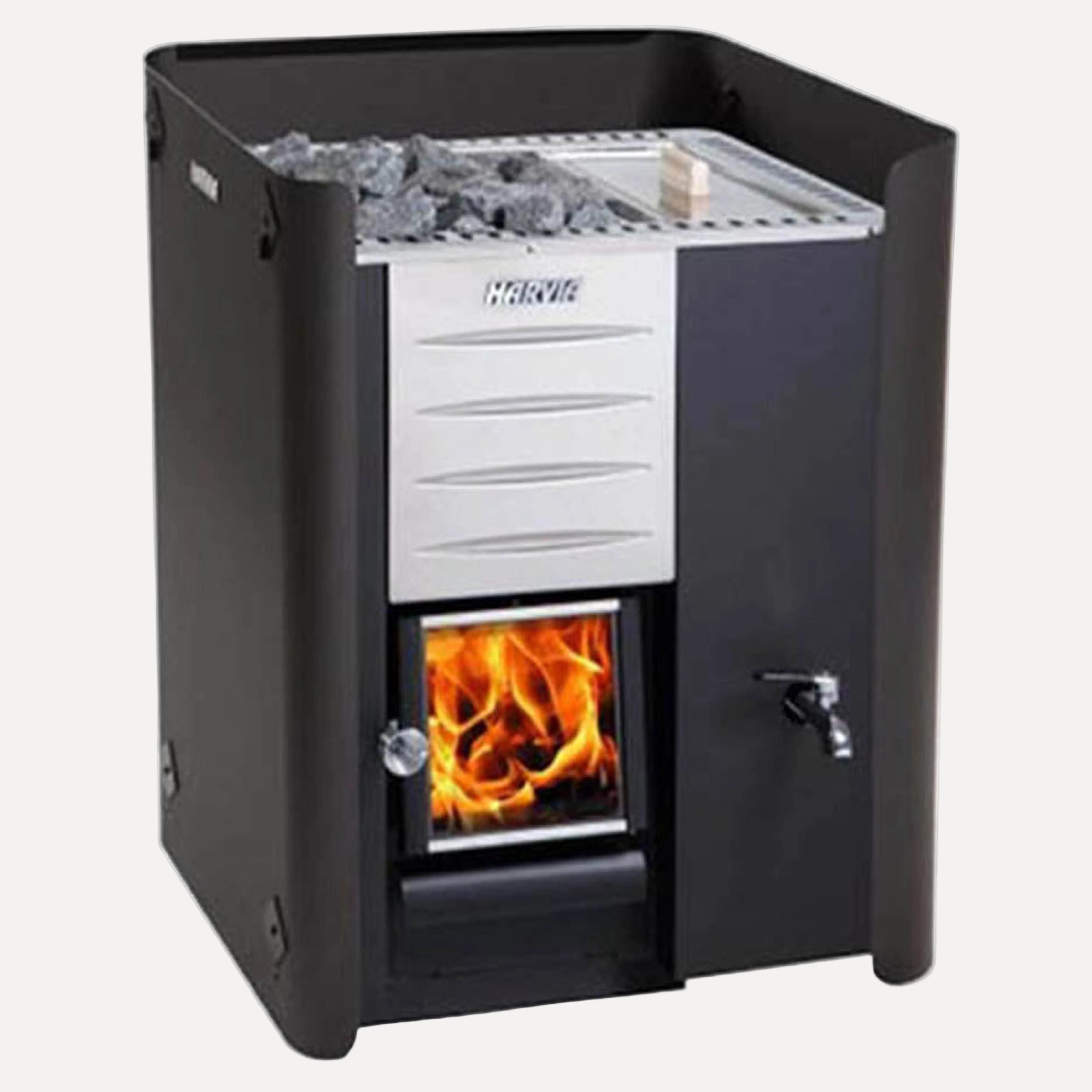 Harvia WL590 Sauna Stove Protective Sheath, Side and Rear, installed on a wood burning heater with lit firebox, hot stones, and water tank tap