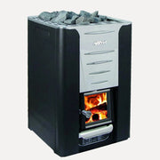 Harvia Pro 36 Wood-Burning Sauna Stove, front angled view with sauna rocks on top and a lit glass door, on a white background.