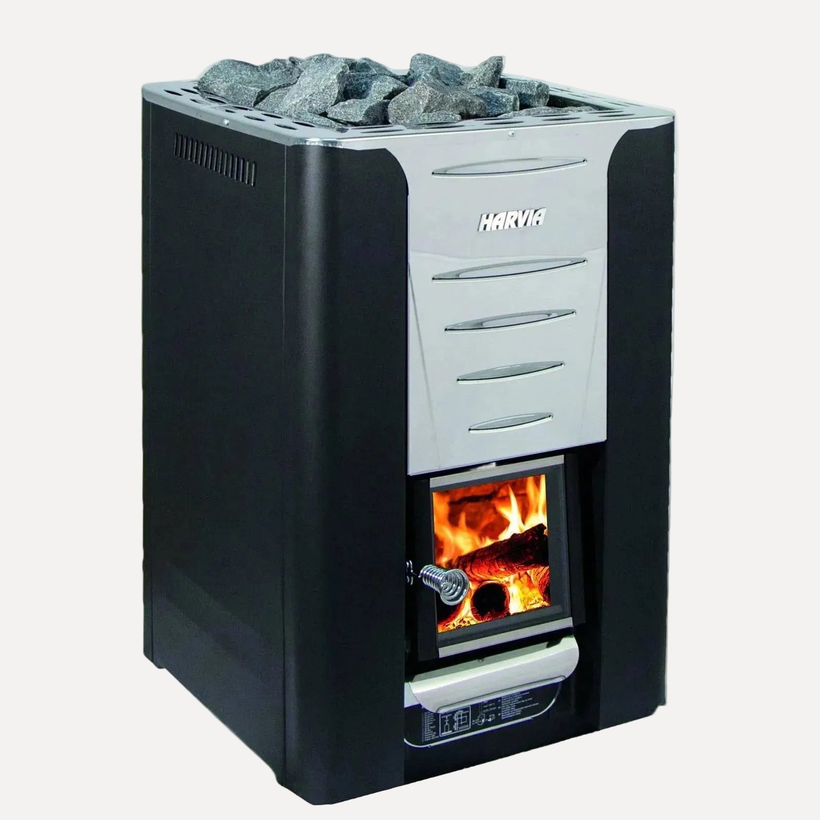 Harvia Pro 36 Wood-Burning Sauna Stove, front angled view with sauna rocks on top and a lit glass door, on a white background.