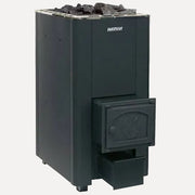 Harvia 50 SL Wood-Burning Sauna Stove, front angled view with heater stones on top, cast iron firebox door, and ash drawer, on a white background.