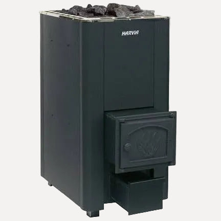 Harvia 50 SL Wood-Burning Sauna Stove, front angled view with heater stones on top, cast iron firebox door, and ash drawer, on a white background.