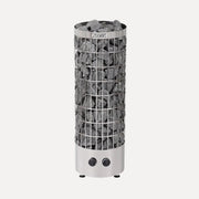 Harvia Cilindro PC60 6kW Electric Sauna Heater with Built-In Controls, front view on a white background with stones and dual control knobs.