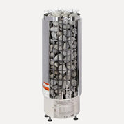 Harvia Cilindro PC90E 9kW Electric Sauna Heater, front view on a white background showing the mesh stone cage and steel base.