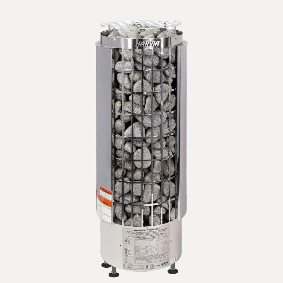 Harvia Cilindro PC90E 9kW Electric Sauna Heater, front view on a white background showing the mesh stone cage and steel base.