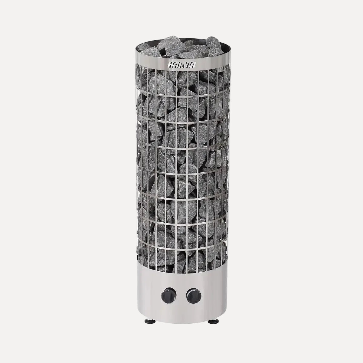 Harvia Cilindro PC90 9kW Electric Sauna Heater with Built-In Controls, front view on a white studio background showing stones and control knobs.