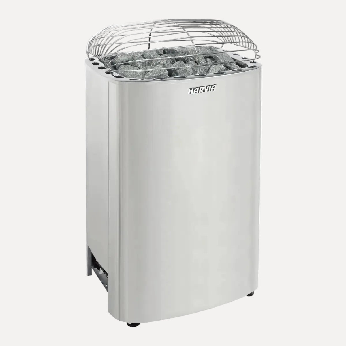 Harvia Club KG10G-U3 10kW Electric Sauna Heater, angled view showing the wire stone guard over the heated rocks, white background.