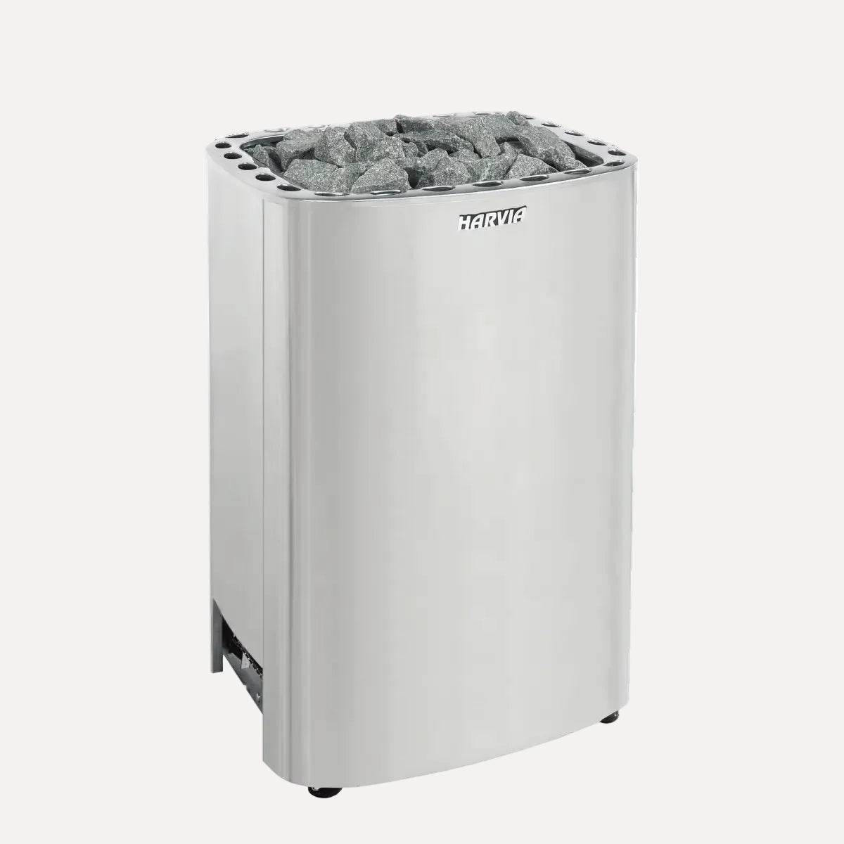 Harvia Club KG12G-U3W 12.5kW Electric Sauna Heater, front side view with stones on top, on a white background