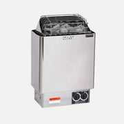 Harvia KIP60B 6kW Electric Sauna Heater with Built-In Controls, angled front view in stainless steel on a white background.