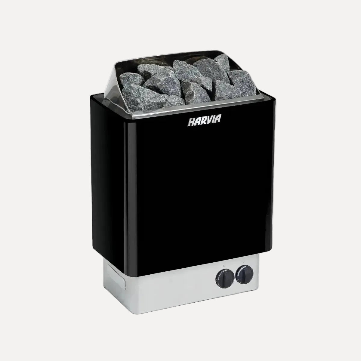Harvia KIP80B 8kW Electric Sauna Heater with Built-In Controls, front angle view in black finish on a white background