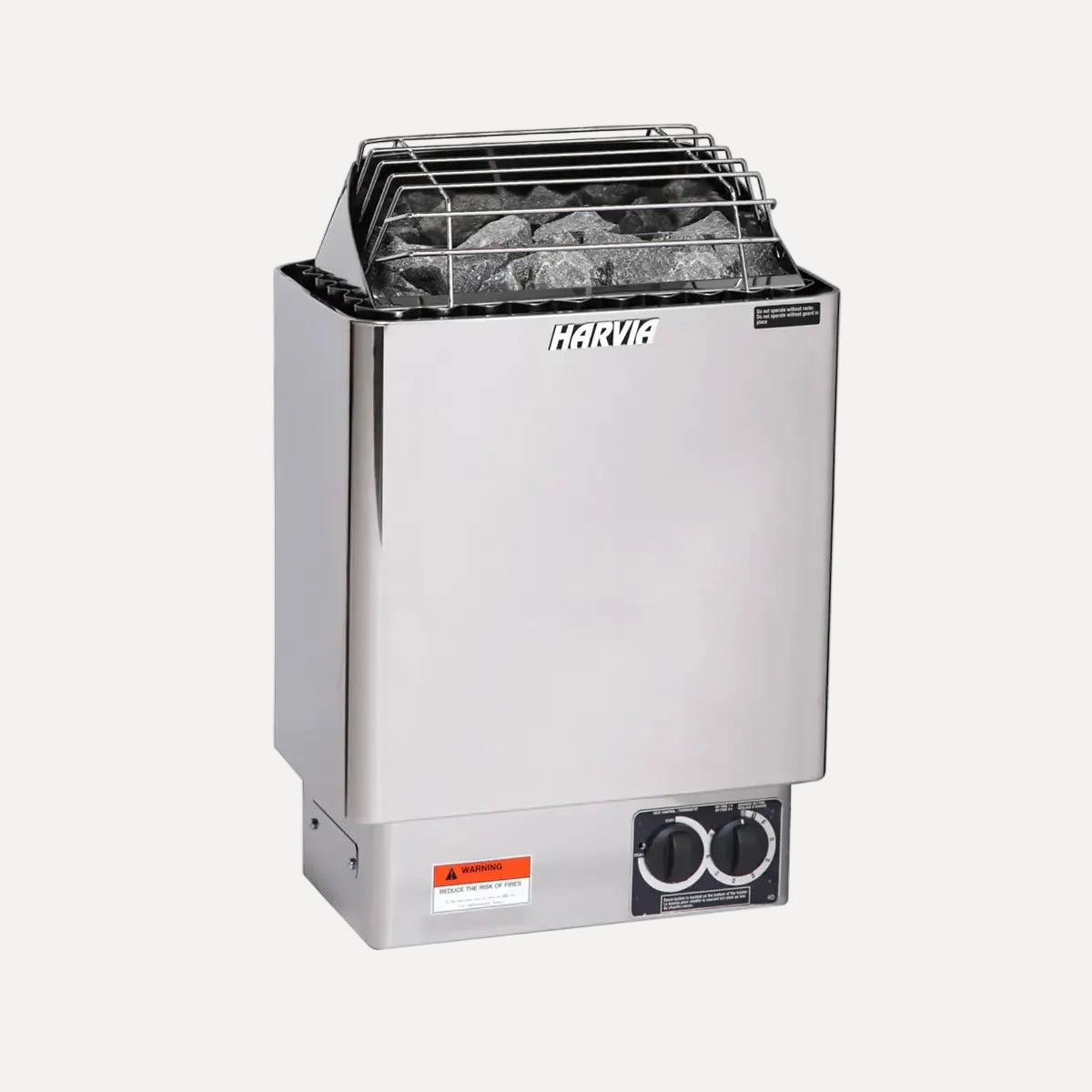 Harvia KIP80W 8kW Electric Sauna Heater, angled front view on a white background showing the stone guard and dual control dials.