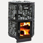 Harvia Legend 240 GreenFlame 21kW Wood-Burning Sauna Stove, front view on a white background with stacked sauna rocks and a glass fire door.
